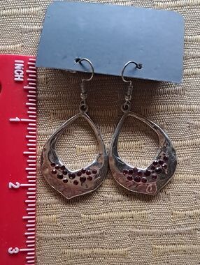Silver Teardrop Earrings with Red Rhinestones - Women Jewelry